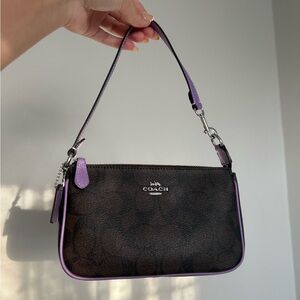 Coach Black Signature Shoulder Bag with Purple Trim